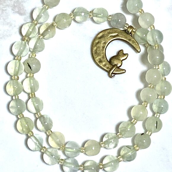 Genuine Gemstone Pale Green Prehnite Bronze Cat on the Moon Beaded Necklace - Picture 5 of 11